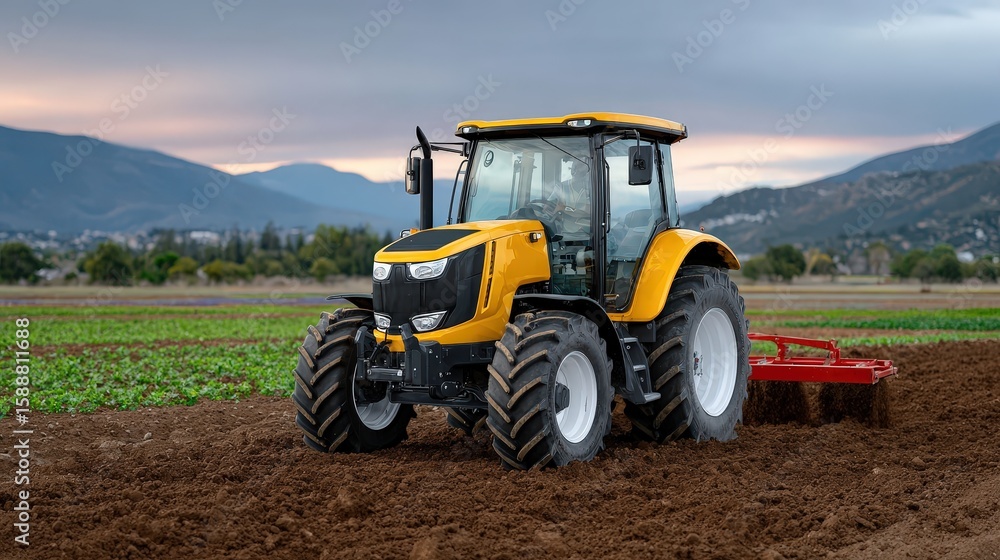 Dramatic Low-Angle Shot of Large Tractor Plowing a Fertile Field Dramatic Low-Angle Shot of Large Tractor Plowing a Fertile Field
