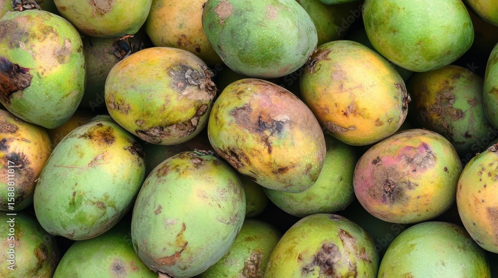 Close-up of a Pile of Ripe and Slightly Damaged Mangoes. Close-up of a Pile of Ripe and Slightly Damaged Mangoes.