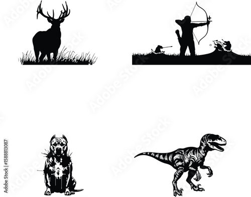 Vector art of a deer, an archer hunting, a pitbull dog, and a velociraptor