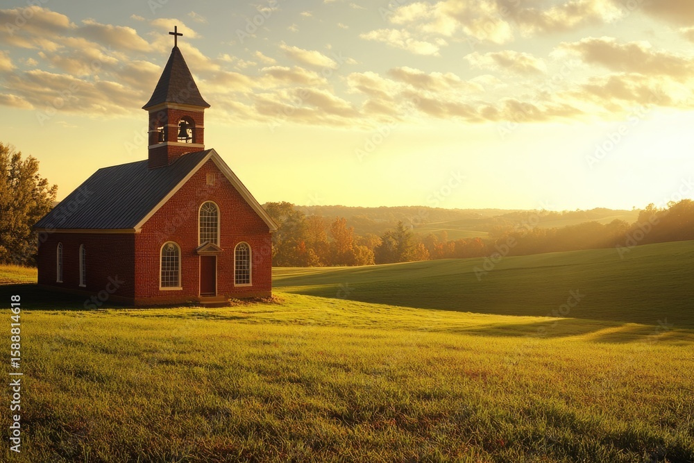 Fototapeta premium A rustic red brick church stands serene in a sun-drenched field, embodying peaceful countryside tranquility.