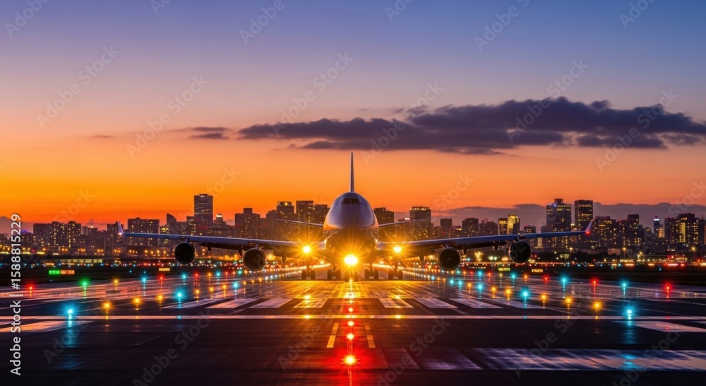 Fototapeta premium Airplane on runway with city skyline and colorful lights during sunset time