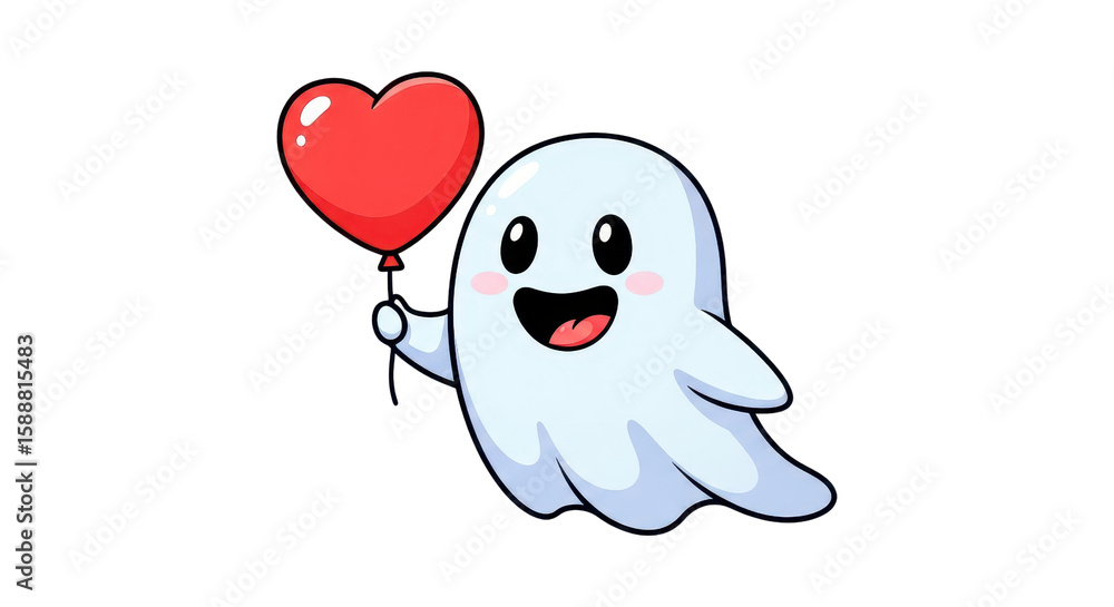 Obraz premium A charming ghost cartoon character holds a red heart balloon, perfect for Valentine's Day or a cheerful Halloween design.