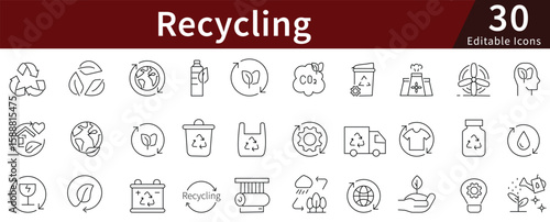 Recycling Line Icons Set with Editable Stroke for Waste Management, Environment, and Green Sustainability