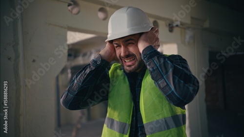 Photography Caucasian builder worker man guy male handyman engineer architect in hardhat emp