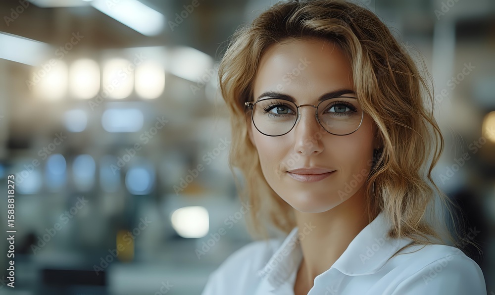 Fototapeta premium Young professional woman with blonde wavy hair and glasses smiling confidently in office setting with soft bokeh background lighting. Warm business portrait.