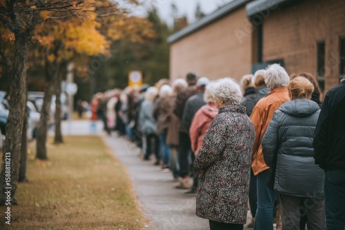Line of people waiting outdoors in an autumn setting