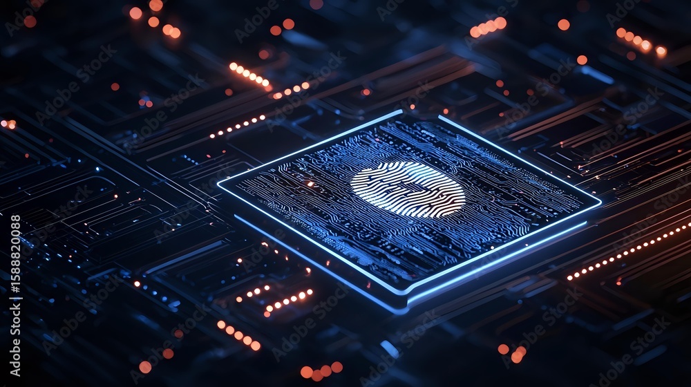 Obraz premium Glowing microchip with fingerprint symbol on dark circuit board background with bokeh lights, representing digital security and biometric authentication technology.