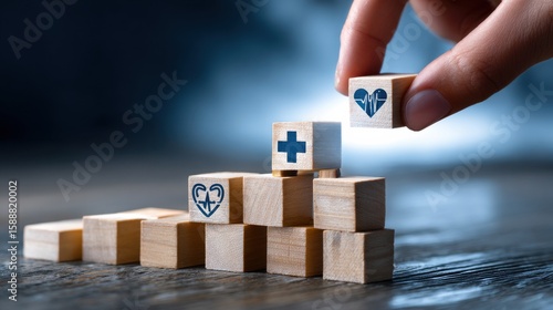 A person is holding a stack of wooden blocks with a heart and a cross on them