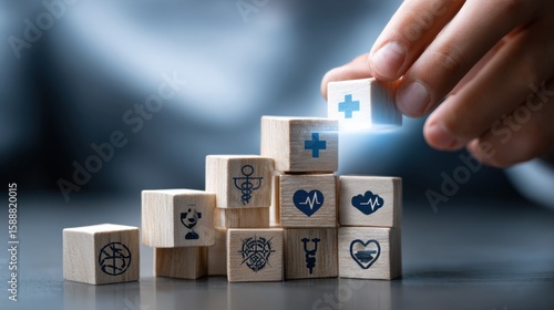 A person is holding a stack of wooden blocks with medical symbols on them