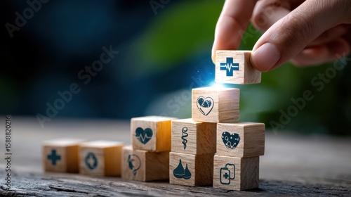 A person is holding a stack of wooden blocks with medical symbols on them