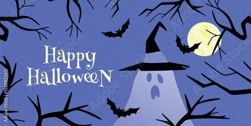 Ghost in a witch hat, flying bats, full moon, and bare tree branches. Halloween greeting card and banner. Spooky nocturnal forest scene. Flat vector illustration
