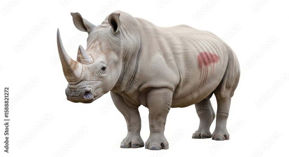 Fototapeta premium A white rhinoceros with a red mark on its side against a white background