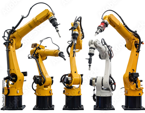 Set of Industrial Robotic Arms Performing Different Tasks, Front View, Isolated on Transparent Background”