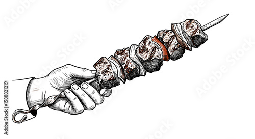 Vintage retro sketch of a hand holding shashlik skewered meat kebab– a hand drawn black and white vector doodle illustration, engraving or woodcut svg

