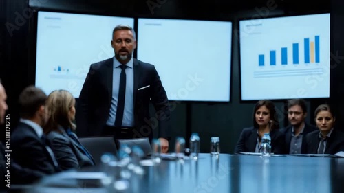 Business meeting with professional people in modern conference room watching digital presentation and leading corporate discussion in office room