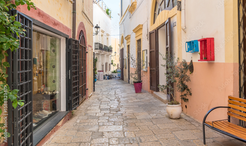 Obraz premium A narrow cobblestone street in the historic center of Gallipoli, Puglia, Italy