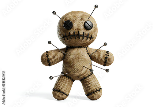 A voodoo doll made of burlap, with button eyes and pins sticking out, isolated on a white background.