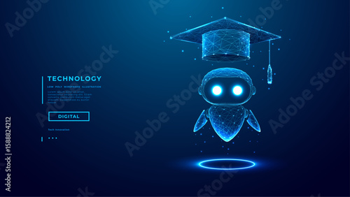Abstract Hologram of AI Robot in Graduation Cap. AI Agent in Low Poly Wireframe on Technology Background. Artificial Intelligence Education Assistant Concept. Tech Digital Vector Illustration.