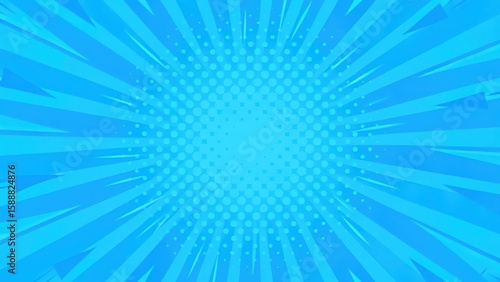 Dynamic blue burst background with radial lines and halftone dots