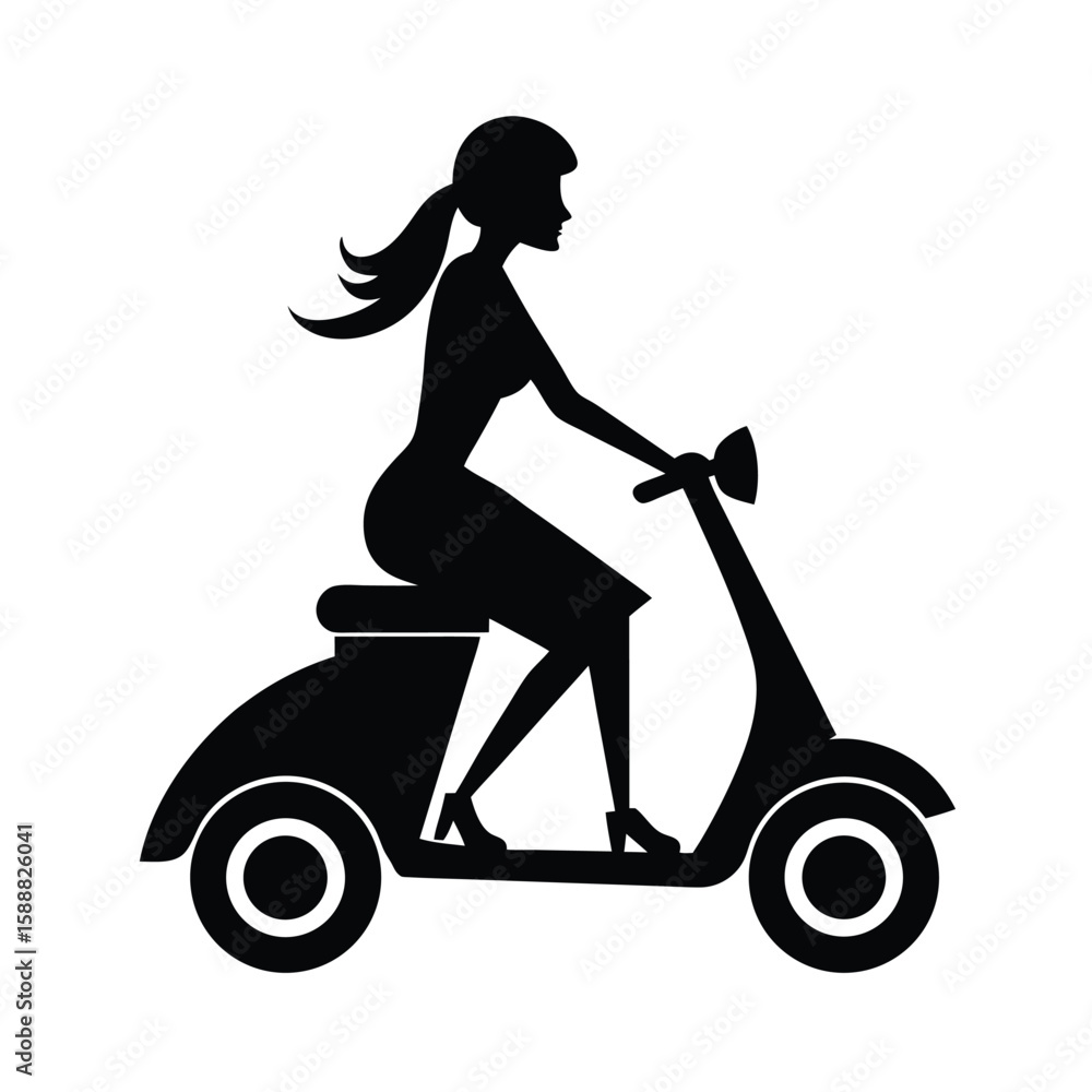 Woman riding scooter travel pose silhouette vector art illustration Woman riding scooter travel pose silhouette vector art illustration