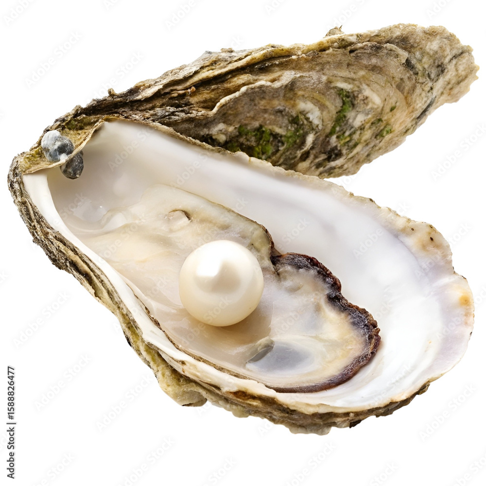 Naklejka premium Open Oyster Shell with Pearl Close-Up Isolated on Clean White Background