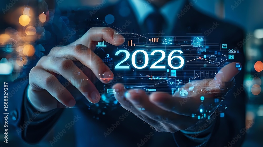 Fototapeta premium Digital hologram showing year 2026 floating between business professional hands with futuristic interface elements and glowing data visualization in dark setting.