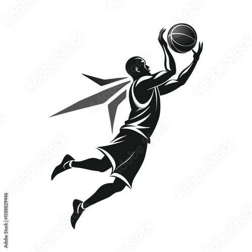 Black silhouette of a basketball player jumping with ball vector