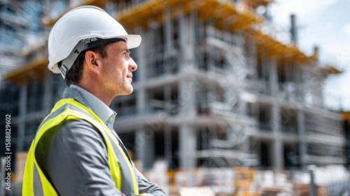A man in a yellow vest stands in front of a building
