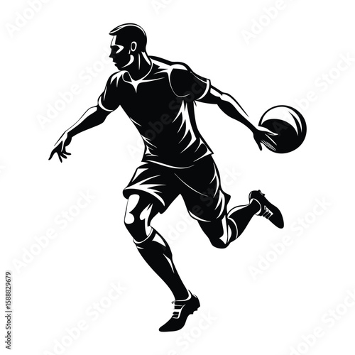Black silhouette of a male soccer player dribbling a ball football player