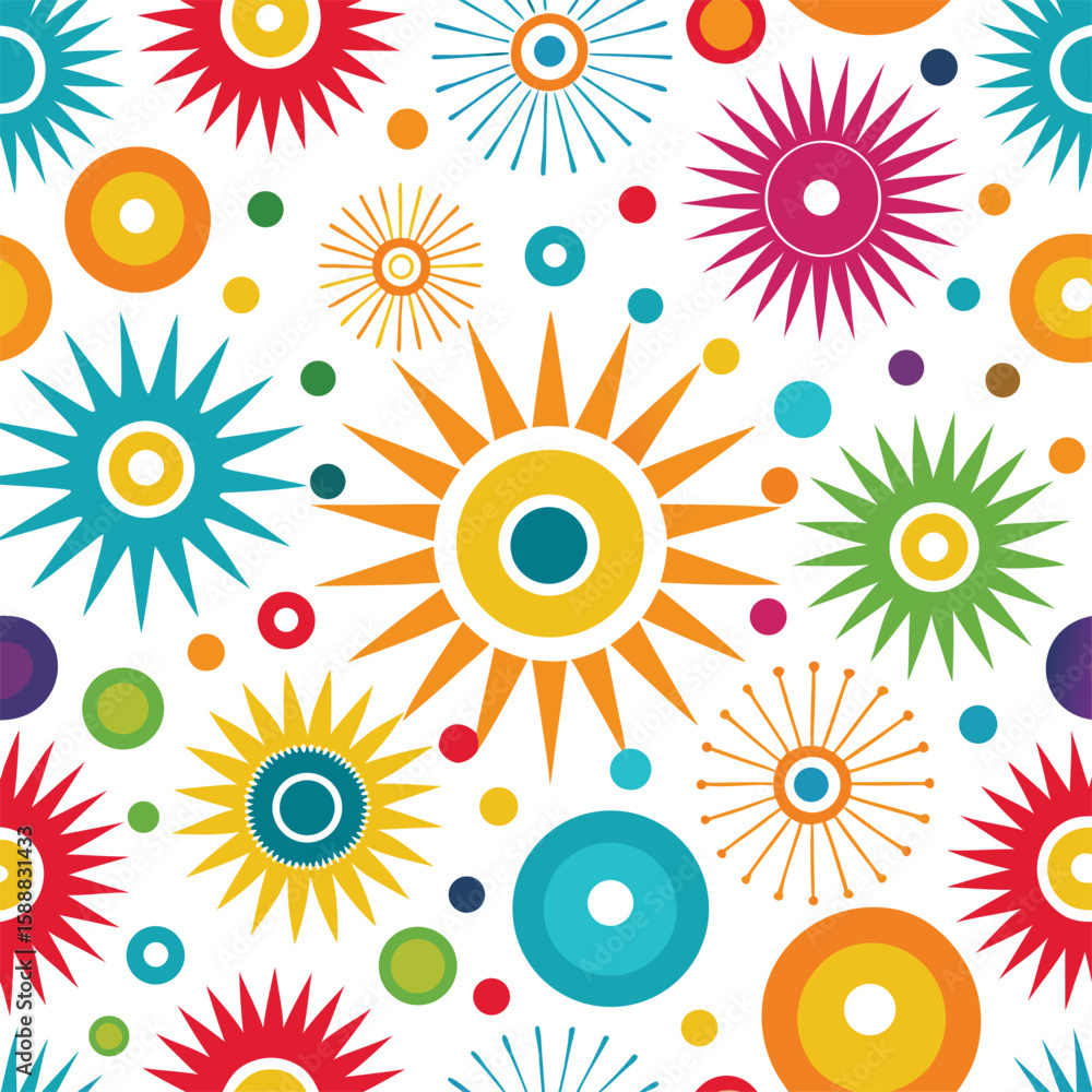 Naklejka premium Colorful Seamless Pattern of Sunburst and Circle Motifs