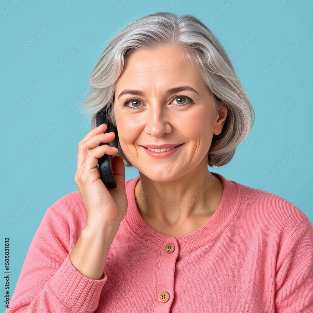 Elderly woman with silver hair, happy expression, wearing soft pink cardigan, standing with hands on hips, light turquoise background Elderly woman with silver hair, happy expression, wearing soft pink cardigan, standing with hands on hips, light turquoise background