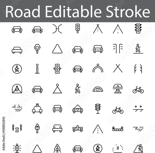 An organized suite of editable line icons depicting every common road and traffic sign for seamless urban navigation design