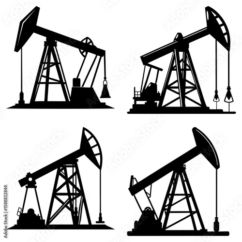 Four black silhouettes of oil derricks pumping crude oil on a white background in a square arrangement
