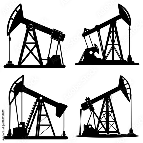 Four black oil pump jack silhouettes in a square arrangement on a white background illustration art