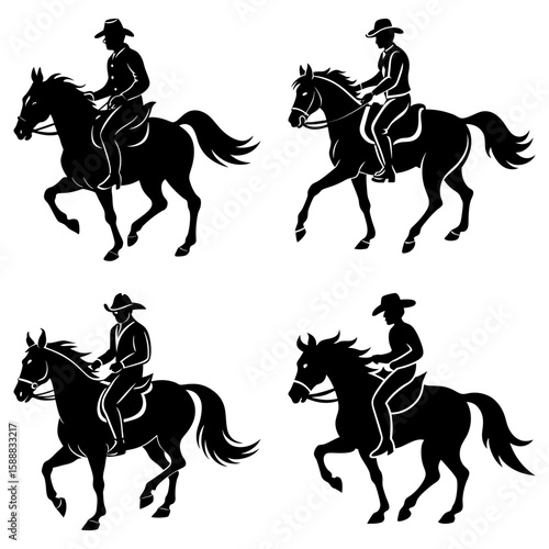 Four black silhouettes of cowboys on horses in various poses against a white background image art