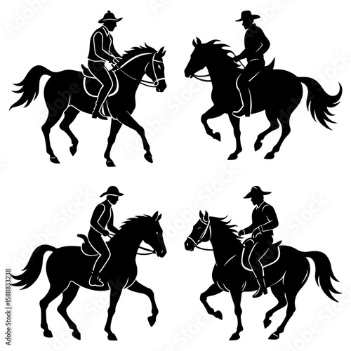 Four silhouettes of cowboys riding horses in various poses and gaits rendered in solid black color