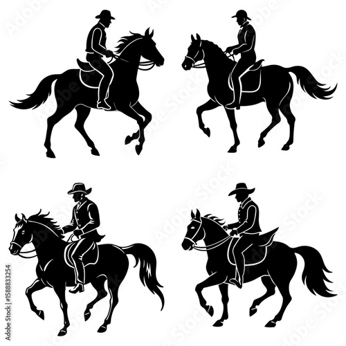 Silhouette collection of horse riders in various poses with cowboys and horses vector illustration