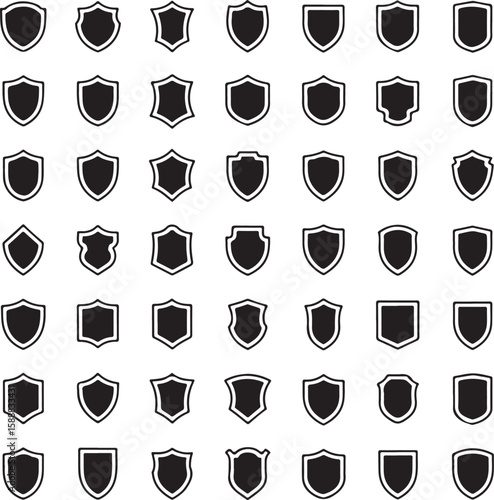 A neat grid showcases diverse black shield outline icons presenting a collection of security symbols