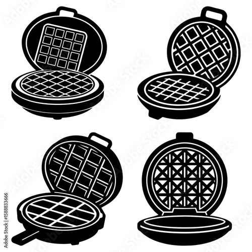 Illustrations of waffle makers in open positions showing grid patterns on cooking surfaces design elements