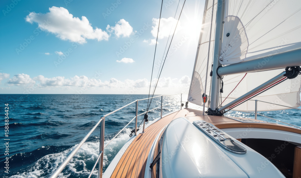 Sailing on calm ocean with beautiful sky, boat glides smoothly through water, creating serene and adventurous atmosphere Sailing on calm ocean with beautiful sky, boat glides smoothly through water, creating serene and adventurous atmosphere