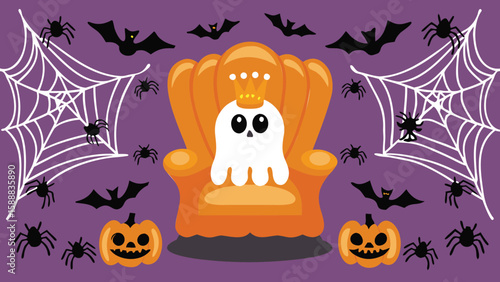 A cute ghost wearing a crown sitting on an orange chair surrounded by halloween themed items