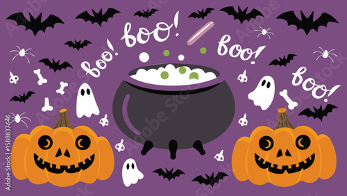 Halloween themed image with pumpkins, cauldron, bats, ghosts and boo text on purple background