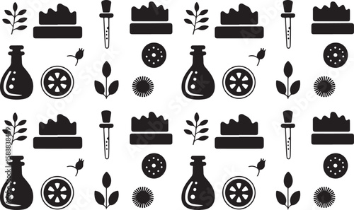 Scientific and Botanical Icons - Laboratory Flask, Pipette, and Plant Elements for Research and Nature Designs