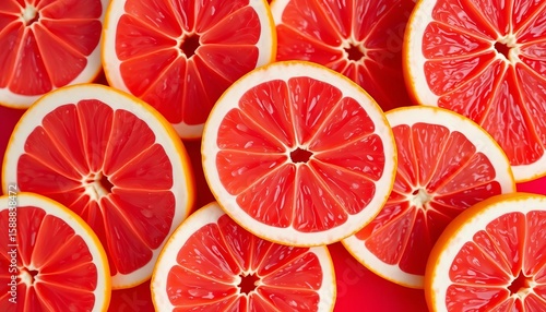 Vibrant pink grapefruit slices arranged artfully on a crimson background ,  bright,  grapefruit
