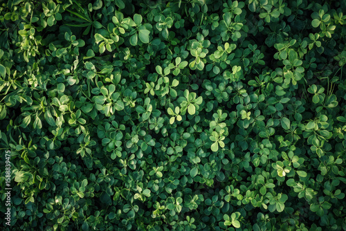 Lush, vibrant field of green clover leaves creates dense, natural carpet. rich texture and varying shades of green evoke sense of tranquility and freshness