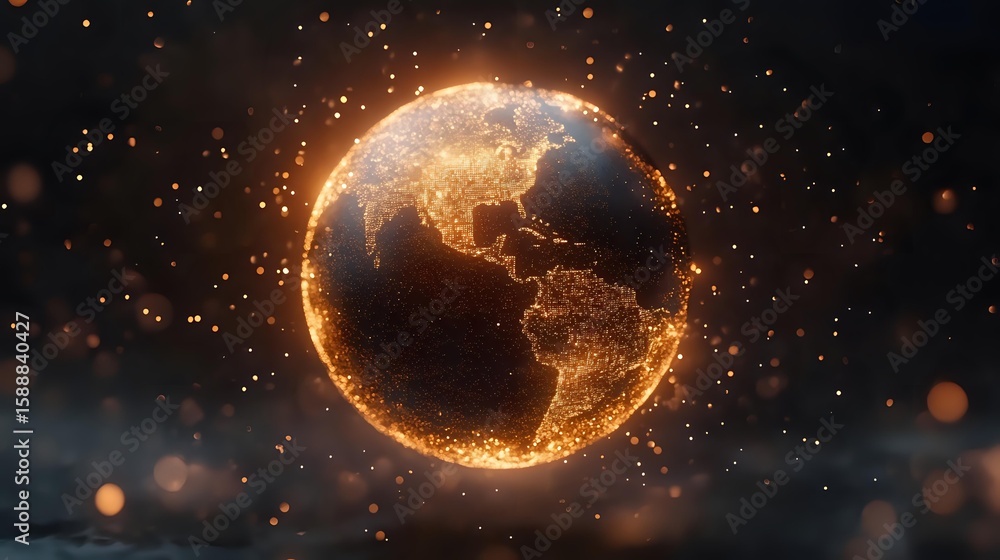 Fototapeta premium Glowing golden Earth globe with illuminated continent outlines floating in dark space with particles and bokeh effects. Digital world visualization.