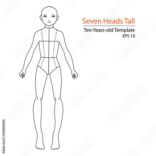 Vector fashion croquis of a ten-year-old child, seven heads tall. Ideal for kidswear design, sketching, and apparel illustrations. Clean outline, front view.