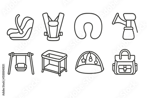 Baby essentials icon set. nursery, infant care icons in line style collection