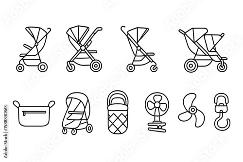 Baby stroller and accessory outline icon set for child care essentials