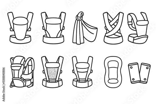 Baby carrying outline icon set. infant carriers, slings in linear illustration